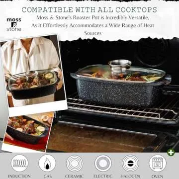 Moss & Stone Die Cast Aluminum Oval Roaster Pot 12-Inch, Induction Compatible, Gas Stove Top & Ceramic Cooktop, Hard Anodized Nonstick Roasting Pan With Lid, Chicken Roaster Oven Safe 6 Quart 8.3"x12"