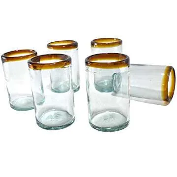 Hand Blown Mexican Drinking Glasses Artisan Crafted from Mexico Set of 6 pieces (Amber Rim, Water 16...