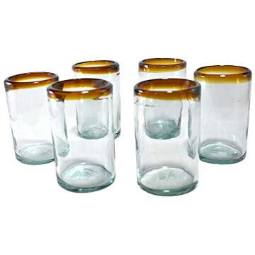 Hand Blown Mexican Drinking Glasses Artisan Crafted from Mexico Set of 6 pieces (Amber Rim, Water 16 Oz.)
