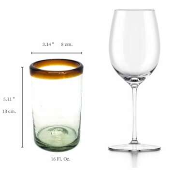 Hand Blown Mexican Drinking Glasses Artisan Crafted from Mexico Set of 6 pieces (Amber Rim, Water 16 Oz.)