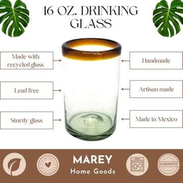 Hand Blown Mexican Drinking Glasses Artisan Crafted from Mexico Set of 6 pieces (Amber Rim, Water 16 Oz.)