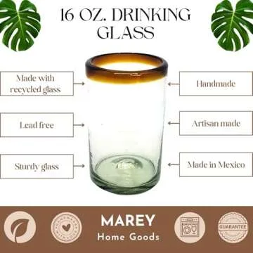 Hand Blown Mexican Drinking Glasses Artisan Crafted from Mexico Set of 6 pieces (Amber Rim, Water 16 Oz.)