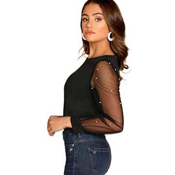 Floerns Women's Pearl Mesh Sheer Long Sleeve Blouse Shirts Tops Black L