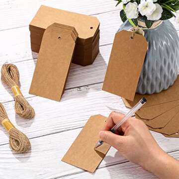Gersoniel 200 Pcs Kraft Paper Gift Tags with String 4.7" x 2.4" Cardboard Price Tag Name Tag Vintage Wedding Birthday Hang Brown Tags with Twine Blank Gift Tag for Wedding Birthday Holiday Art & Craft