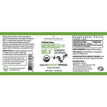 Lactation Supplement - Organic Moringa Capsules for Breastfeeding Support to Increase Breastmilk Supply (120 ct) Pure Malunggay Leaf Powder for Milk Production Booster & Postnatal Vitamins A E K 500mg