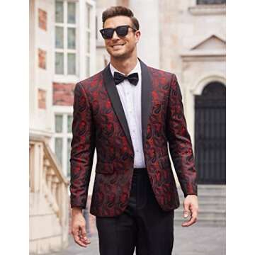 COOFANDY Mens Floral Tuxedo Jacket Paisley Shawl Lapel Suit Blazer Jacket for Dinner,Prom,Wedding Wine Red