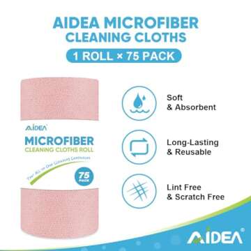 AIDEA Microfiber Cleaning Cloth Roll, 75PK, Tear Away Reusable Paper Towels, Microfiber Towels for C...