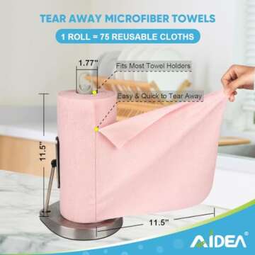 AIDEA Microfiber Cleaning Cloth Roll, 75PK, Tear Away Reusable Paper Towels, Microfiber Towels for Cars, Shop Towels, Pink Towels Lint Free Cleaning Rags for House, Kitchen, Garage Shop, 11.5"×11.5"