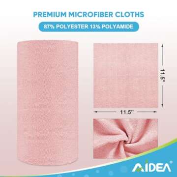 AIDEA Microfiber Cleaning Cloth Roll, 75PK, Tear Away Reusable Paper Towels, Microfiber Towels for Cars, Shop Towels, Pink Towels Lint Free Cleaning Rags for House, Kitchen, Garage Shop, 11.5"×11.5"
