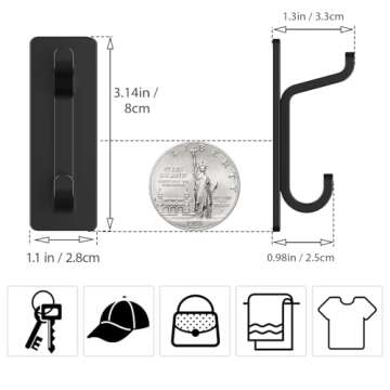 pickpiff Door Hook, Extra Sticky 10LB (Max), Stainless Holder for Hanging Towel, Coat, Cloth, Purse, Hat, Key, Black Wall Mounted Self-Adhesive Hanger for Shower Kitchen Bathroom Heavy Duty
