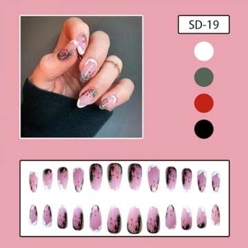 Christmas Press on Nails Almond Medium Fake Nails Winter False Nails With Snow Xmas Designs Pink Cle...