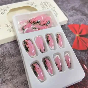 Christmas Press on Nails Almond Medium Fake Nails Winter False Nails With Snow Xmas Designs Pink Clear Full Cover Stick on Nails Acrylic New Year Artificial Nails for Women Girls 24Pcs