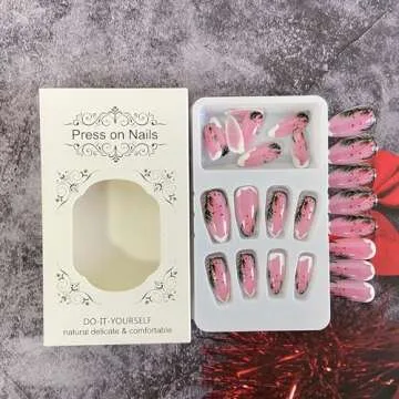 Christmas Press on Nails Almond Medium Fake Nails Winter False Nails With Snow Xmas Designs Pink Clear Full Cover Stick on Nails Acrylic New Year Artificial Nails for Women Girls 24Pcs