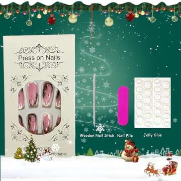 Christmas Press on Nails Almond Medium Fake Nails Winter False Nails With Snow Xmas Designs Pink Clear Full Cover Stick on Nails Acrylic New Year Artificial Nails for Women Girls 24Pcs