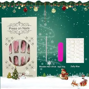 Christmas Press on Nails Almond Medium Fake Nails Winter False Nails With Snow Xmas Designs Pink Clear Full Cover Stick on Nails Acrylic New Year Artificial Nails for Women Girls 24Pcs