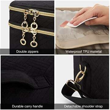 BAGSMART Medium Makeup Bag, Double Layer Cosmetic Large Makeup Bag Organizer Travel Makeup Train Case with Shoulder Strap for Cosmetics Makeup Brushes Toiletries Travel Accessories (Black)