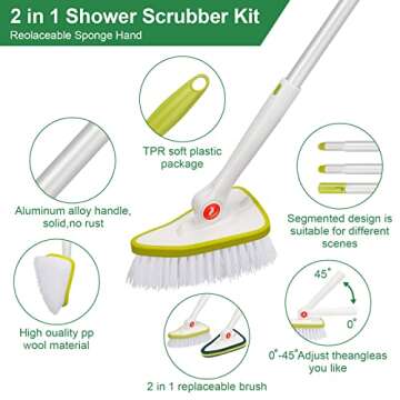 KYEHG Extendable Tub and Tile Scrubber with 48'' Long Extendable Handle and 2 Tile Scrubber Brush Sponge, Shower Scrubber for Cleaning Bathtub, Glass, Bathroom, Wall, Bathtub Floor (Detachable).