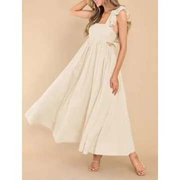 MITILLY Women's Summer Flutter Sleeve Square Neck Tie Back Casual Pleated A-Line Flowy Maxi Dress with Pockets Large Apricot