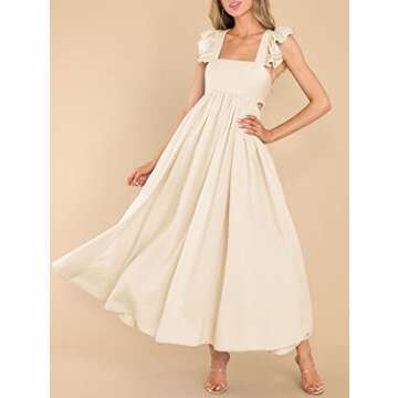 MITILLY Women's Summer Flutter Sleeve Square Neck Tie Back Casual Pleated A-Line Flowy Maxi Dress with Pockets Large Apricot