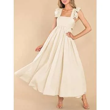 MITILLY Women's Summer Flutter Sleeve Square Neck Tie Back Casual Pleated A-Line Flowy Maxi Dress with Pockets Large Apricot