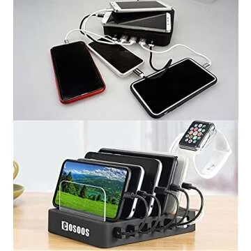 COSOOS Fastest Charging Station with QC 3.0, 63 W 6-Port USB Charging Station for Multiple Devices with 6 Mixed Short Cable & iWatch Stand, Multi Charger Station for Cell Phone, Tablet