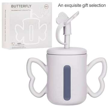 Dommy Butterfly Silicone Open Cup/Sippy Cup/Straw Cup with Lid, Baby Feeding Essential for Early Liquid &Solid Food Feeding, Transition Sippy Cup For 6m+Baby Boys, 5oz/180ml, 6M+, Wind Chime