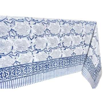 ATOSII ‘Santorini’ 100% Cotton Fall Tablecloth, Handblock Print Blue Rectangle Table Cloth for K...