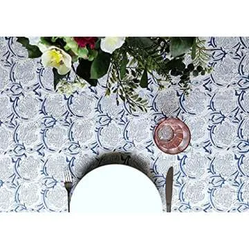 ATOSII ‘Santorini’ 100% Cotton Fall Tablecloth, Handblock Print Blue Rectangle Table Cloth for Kitchen I Dining Table Linen I Parties Wedding Christmas Thanksgiving I Fall Decor 60 X 90 Inches