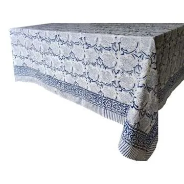 ATOSII ‘Santorini’ 100% Cotton Fall Tablecloth, Handblock Print Blue Rectangle Table Cloth for Kitchen I Dining Table Linen I Parties Wedding Christmas Thanksgiving I Fall Decor 60 X 90 Inches