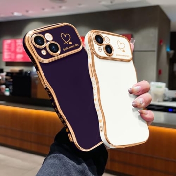 LCHULLE for iPhone 13 Case for Women Girls, Cute Wave Frame Curly Shape with Love Heart Pattern Raised Camera Protection Cover Luxury Plating Shockproof Phone Case for iPhone 13, Dark Purple