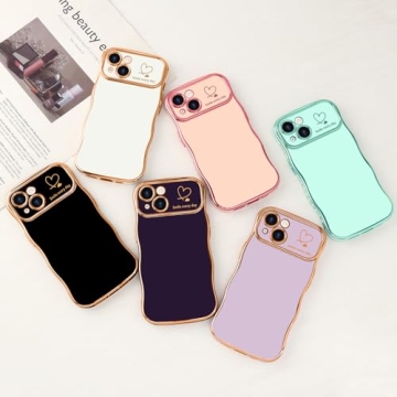 LCHULLE for iPhone 13 Case for Women Girls, Cute Wave Frame Curly Shape with Love Heart Pattern Raised Camera Protection Cover Luxury Plating Shockproof Phone Case for iPhone 13, Dark Purple