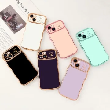 LCHULLE for iPhone 13 Case for Women Girls, Cute Wave Frame Curly Shape with Love Heart Pattern Raised Camera Protection Cover Luxury Plating Shockproof Phone Case for iPhone 13, Dark Purple