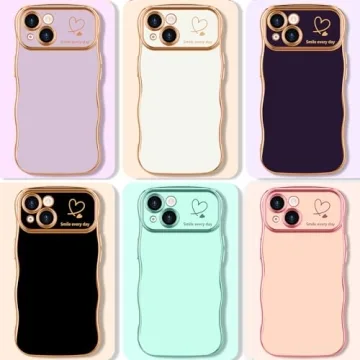 LCHULLE for iPhone 13 Case for Women Girls, Cute Wave Frame Curly Shape with Love Heart Pattern Raised Camera Protection Cover Luxury Plating Shockproof Phone Case for iPhone 13, Dark Purple