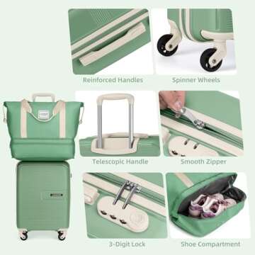 LARVENDER Luggage Sets 5 Piece, Expandable Luggage PP Hardside Carry on Suitcase Sets with Spinner Wheels, Lightweight Rolling Suitcase for Men and Women, Green