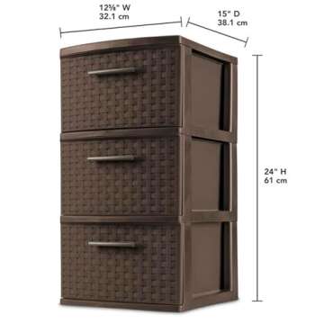 Sterilite 3 Drawer Wicker Weave Decorative Storage Organization Container Cabinet Tower with Driftwood Handles, Espresso (2 Pack)