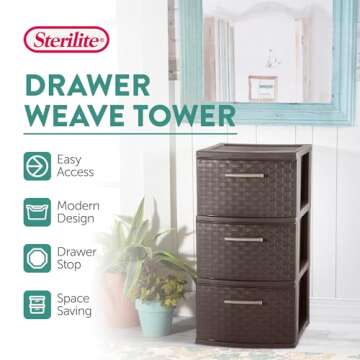 Sterilite 3 Drawer Wicker Weave Decorative Storage Organization Container Cabinet Tower with Driftwood Handles, Espresso (2 Pack)