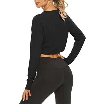 Mippo Crop Top Long Sleeve Workout Shirts Athletic Gym Active Wear Loose Cropped Sweaters Oversized Tshirts Black M