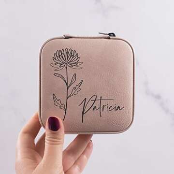 Custom Leather Jewelry Box w/Name & Birth Flower Month - Birthday Gifts for Women, Personalized Jewelry Travel Case - Customized Jewelry Organizer Box, Mom Birthday Gifts - Pink