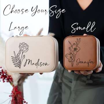 Custom Leather Jewelry Box w/Name & Birth Flower Month - Birthday Gifts for Women, Personalized Jewelry Travel Case - Customized Jewelry Organizer Box, Mom Birthday Gifts - Pink