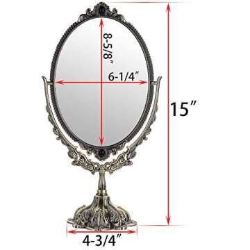 JUXYES Metal Tabletop Antique Decorative Makeup Mirror with Stand, Vintage Swivel Double Sided Cosme...