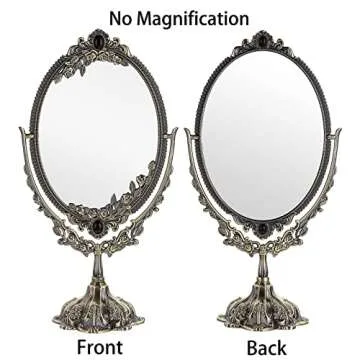 JUXYES Metal Tabletop Antique Decorative Makeup Mirror with Stand, Vintage Swivel Double Sided Cosmetic Mirror with Frame, Retro Desktop Oval Dressing Mirror for Bathroom Bedroom