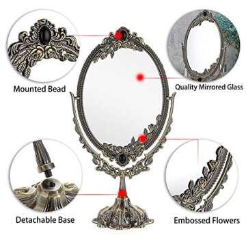 JUXYES Metal Tabletop Antique Decorative Makeup Mirror with Stand, Vintage Swivel Double Sided Cosmetic Mirror with Frame, Retro Desktop Oval Dressing Mirror for Bathroom Bedroom