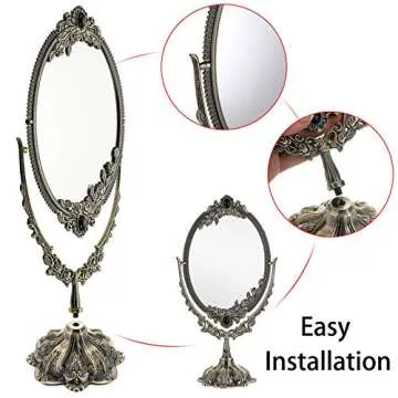 JUXYES Metal Tabletop Antique Decorative Makeup Mirror with Stand, Vintage Swivel Double Sided Cosmetic Mirror with Frame, Retro Desktop Oval Dressing Mirror for Bathroom Bedroom