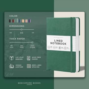 BEECHMORE BOOKS Lined Journal Notebook, 5.8 x 8.3 inch, A5 160 Lined Pages, Hardcover Leather Journa...
