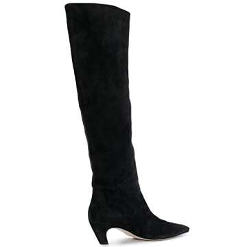 MOOMMO Women Black Kitten Heel Over Knee High Boots Square Toe Matte Pull On Wide Calf Pleated Low H...