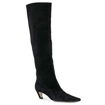 MOOMMO Women Black Kitten Heel Over Knee High Boots Square Toe Matte Pull On Wide Calf Pleated Low Heel Thigh Boots Stylish Retro Dress Boots Chic Party Comfy Chic Suede Black 7 M US