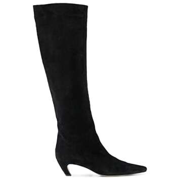 MOOMMO Women Black Kitten Heel Over Knee High Boots Square Toe Matte Pull On Wide Calf Pleated Low Heel Thigh Boots Stylish Retro Dress Boots Chic Party Comfy Chic Suede Black 7 M US