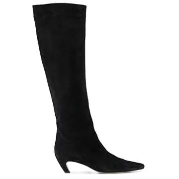 MOOMMO Women Black Kitten Heel Over Knee High Boots Square Toe Matte Pull On Wide Calf Pleated Low Heel Thigh Boots Stylish Retro Dress Boots Chic Party Comfy Chic Suede Black 7 M US