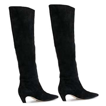MOOMMO Women Black Kitten Heel Over Knee High Boots Square Toe Matte Pull On Wide Calf Pleated Low Heel Thigh Boots Stylish Retro Dress Boots Chic Party Comfy Chic Suede Black 7 M US