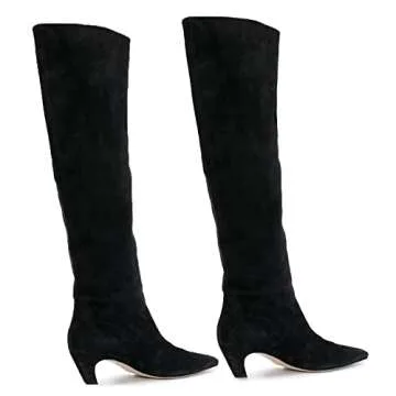 MOOMMO Women Black Kitten Heel Over Knee High Boots Square Toe Matte Pull On Wide Calf Pleated Low Heel Thigh Boots Stylish Retro Dress Boots Chic Party Comfy Chic Suede Black 7 M US